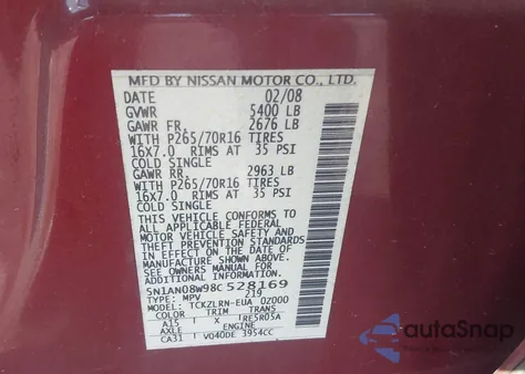 2008 Nissan Xterra S z USA, uszkodzony, nr VIN 5N1AN08W98C528169